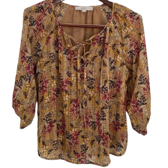 LOFT Petite Floral Boho Tie Neck Blouse MP - Picture 10 of 12